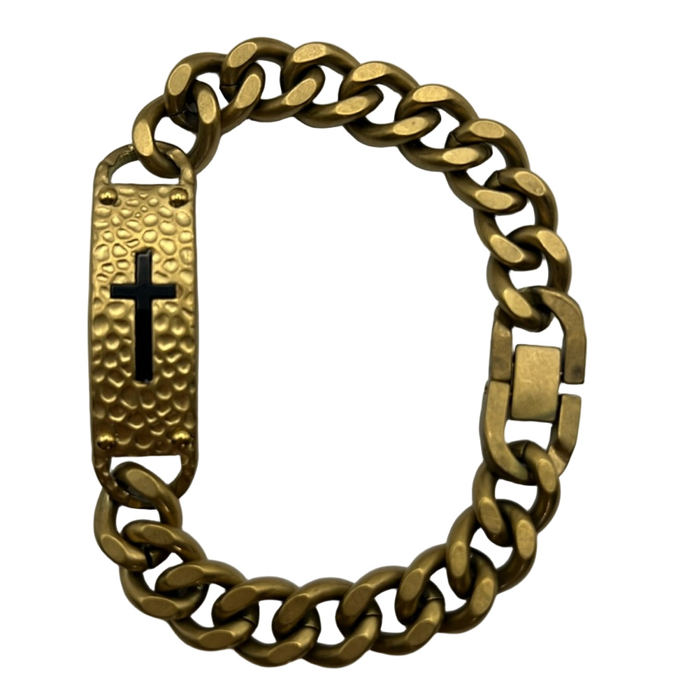 Blackjack, Men's 18KP Gold Stainless Steel Curb Chain Bracelet with Black Cross